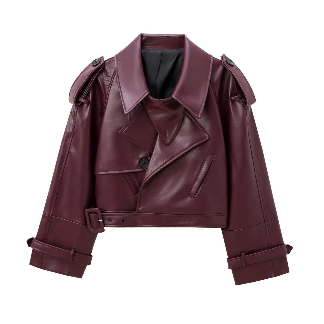 Damen cropped Lederjacke im eleganten Design mit breitem Revers und praktischen Taschen Drune