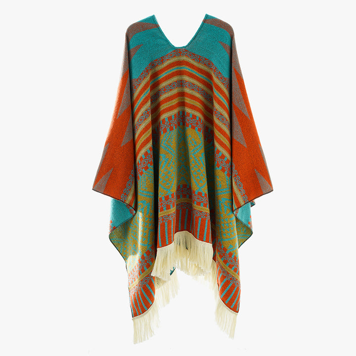 Damen Leichter Jacquard-Poncho mit Ethno-Motiv und Fransensaum Drune