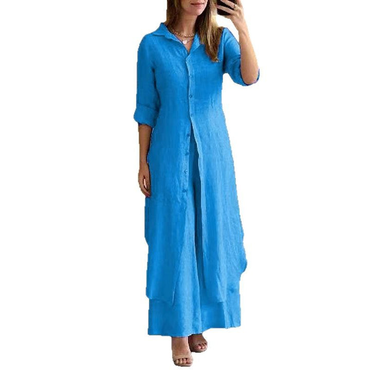 Damen nan langes Leinen-Hemdblusenkleid mit durchgehender Knopfleiste, Hemdkragen und dezentem A-Linien-Schnitt Drune
