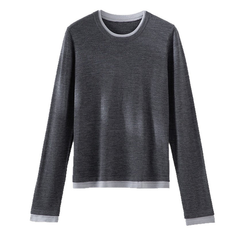 Damen Leichter Feinstrick-Langarmpullover mit Kontrastbündchen und Rundhalsausschnitt Drune