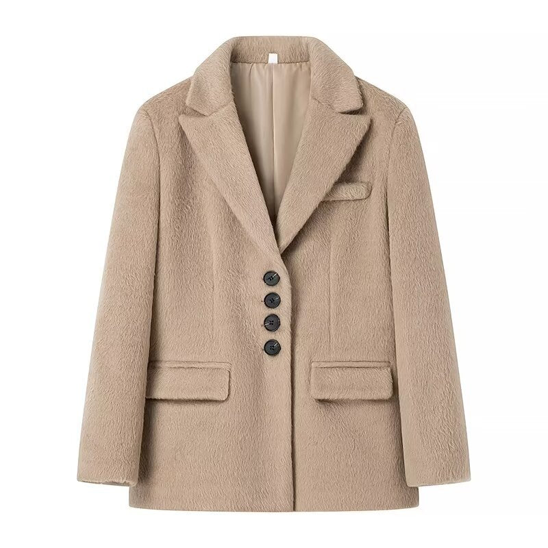 Damen nan taillierter Kurzmantel-Blazer in Teddyoptik mit Reverskragen und Pattentaschen Drune