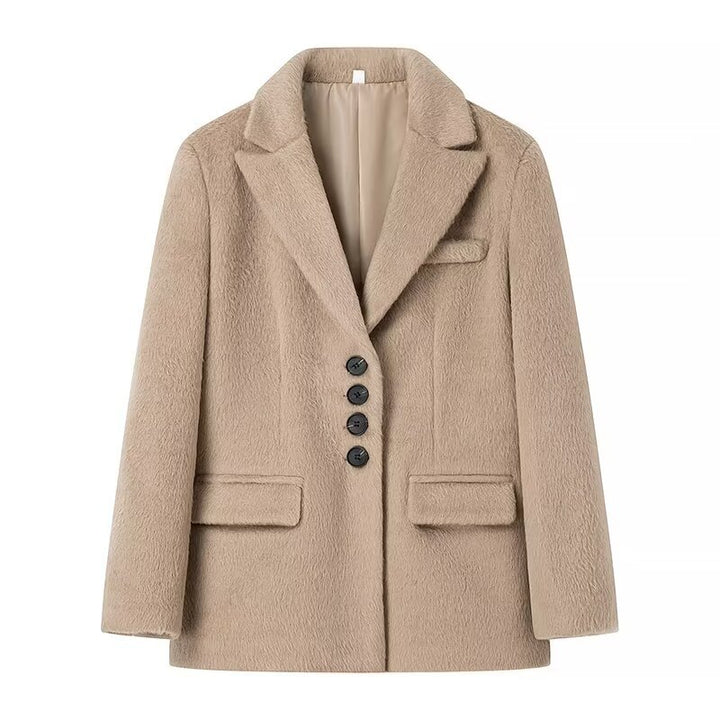 Damen nan taillierter Kurzmantel-Blazer in Teddyoptik mit Reverskragen und Pattentaschen Drune