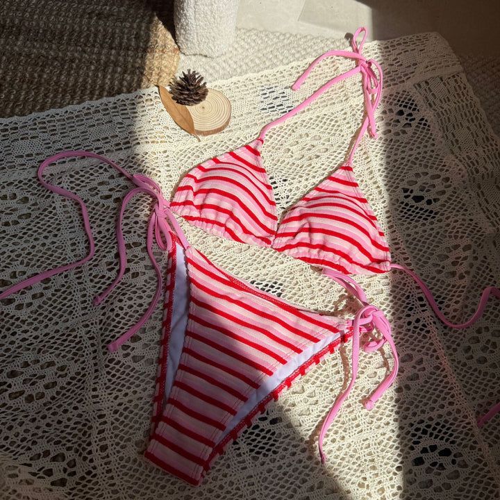 Damen Triangel-Bikini mit verstellbaren Bändern und buntem Streifenmuster Drune