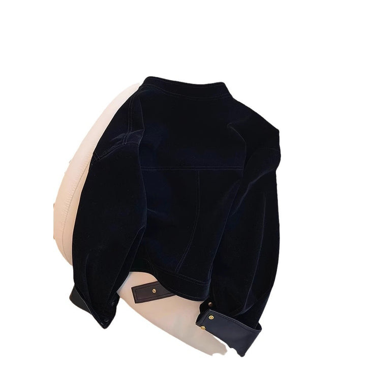 Damen Samt‑Bikerjacke mit Lederbesatz, taillierbarem Gürtel & goldenen Details Drune