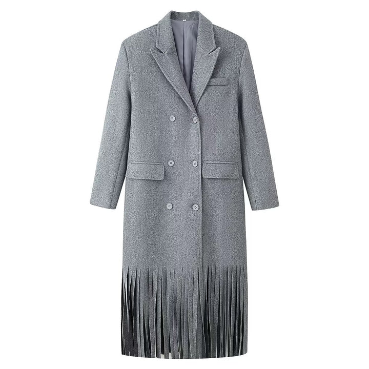 Damen Doppelreihiger Wollmix-Mantel mit Fransensaum und fallendem Revers Drune