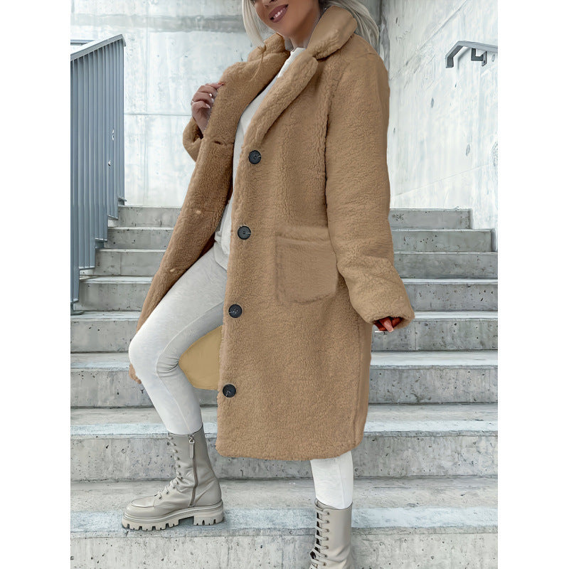 Damen Kuscheliger Fleece-Mantel mit Taschen und Knopfverschluss Drune