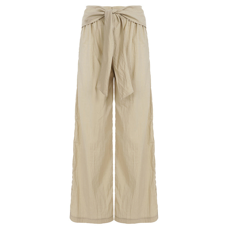 Damen nan Highwaist Leinenhose mit weitem Bein und dekorativem Bindegürtel Drune