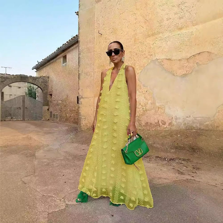 Damen Maxikleid mit 3D-Texturen und tiefem V-Ausschnitt Drune