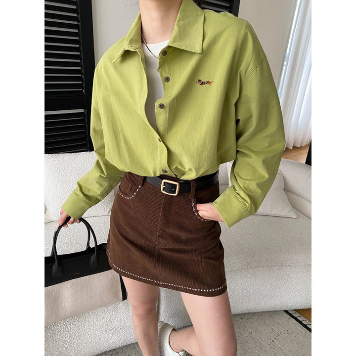 Damen lässige Hemdbluse mit Knopfleiste und gesticktem Detail Drune