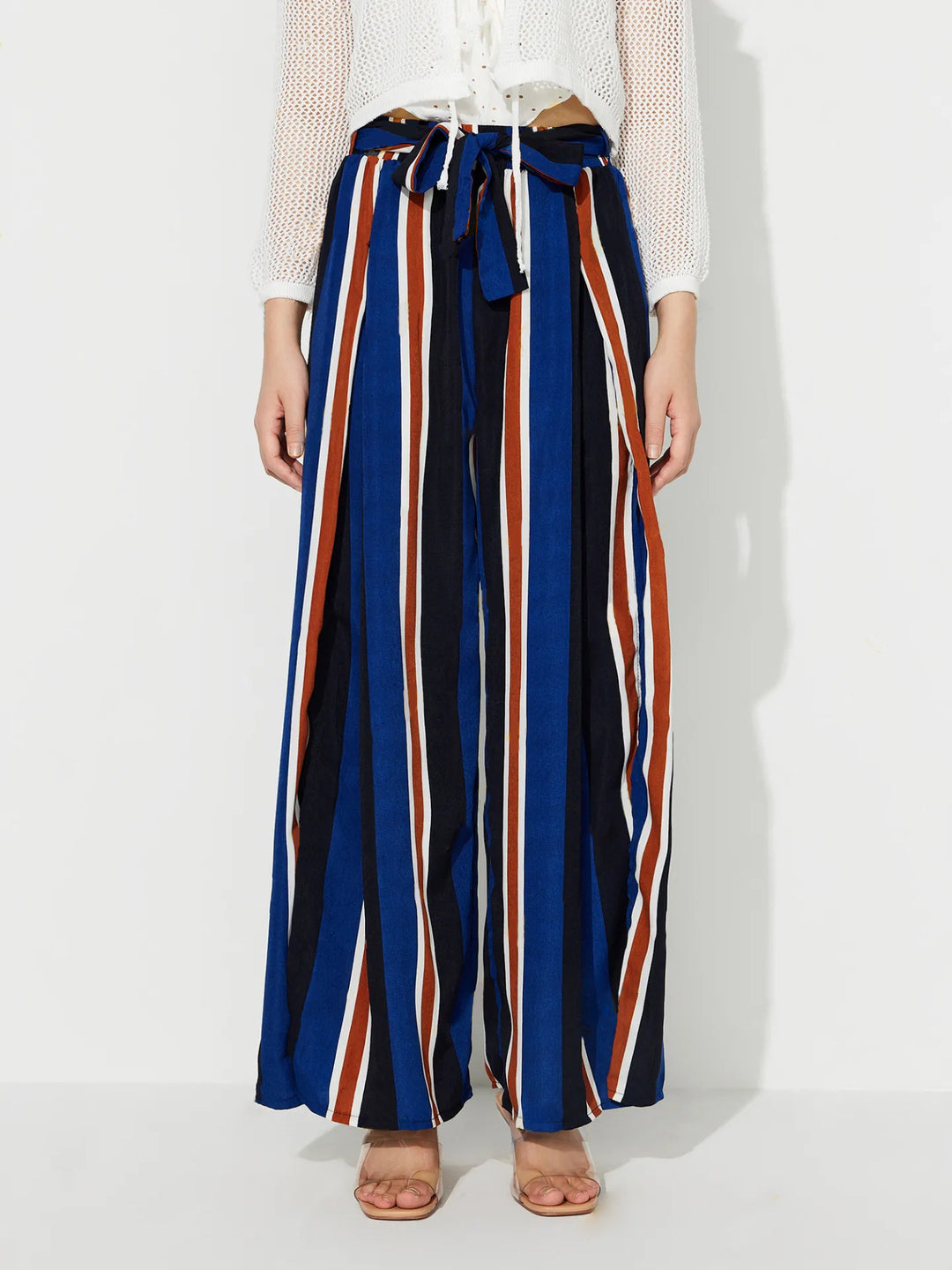 Damen weite Palazzo-Hose mit stylischem Bindegürtel und modernem Streifenmuster Drune