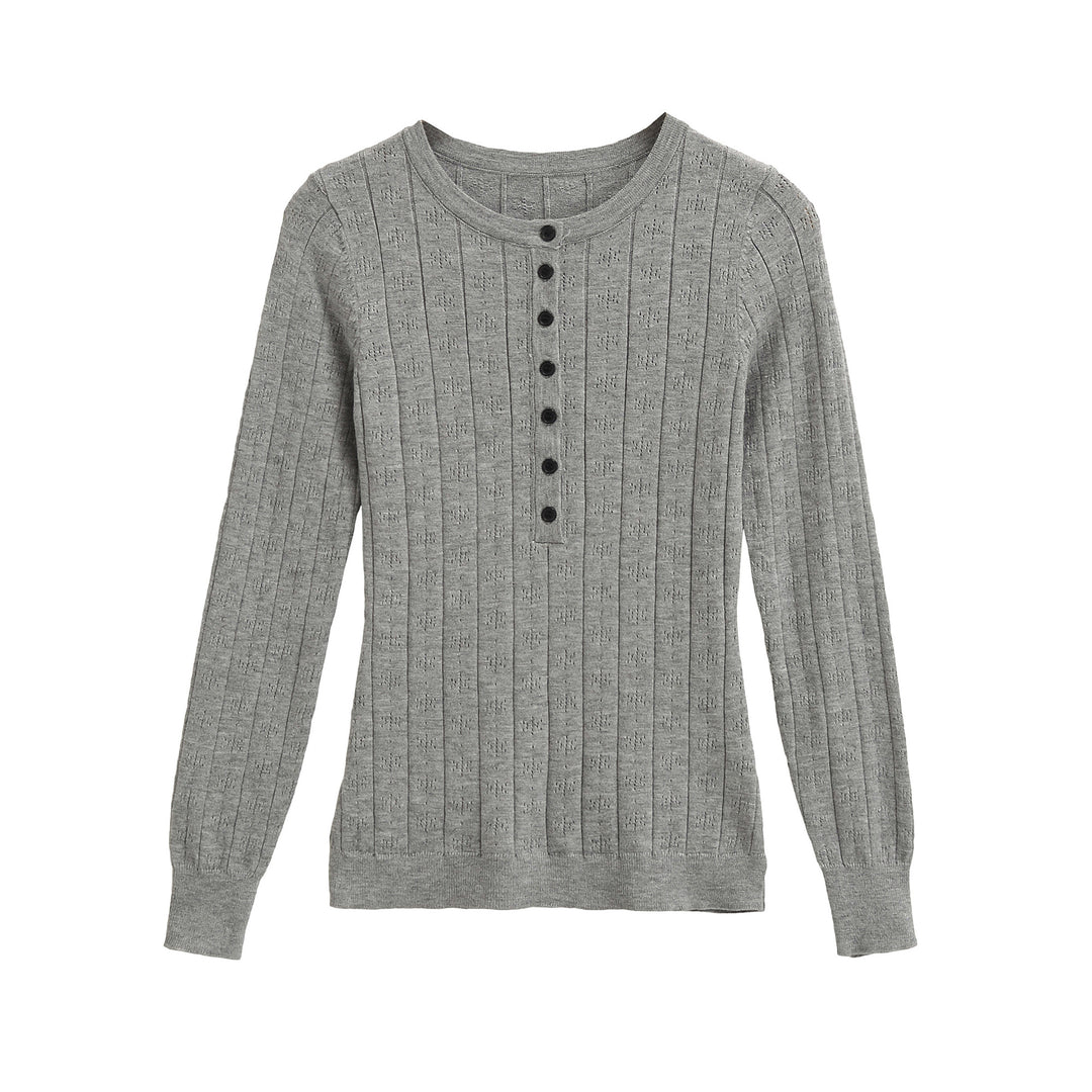 Damen Feinstrick-Longsleeve mit Knopfleiste und Strukturstrick Drune