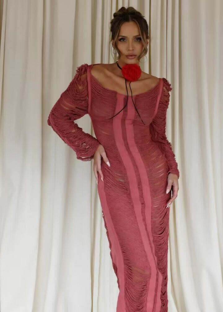 Damen elegantes Strandkleid mit raffinierten Fransen und transparenten Elementen Drune