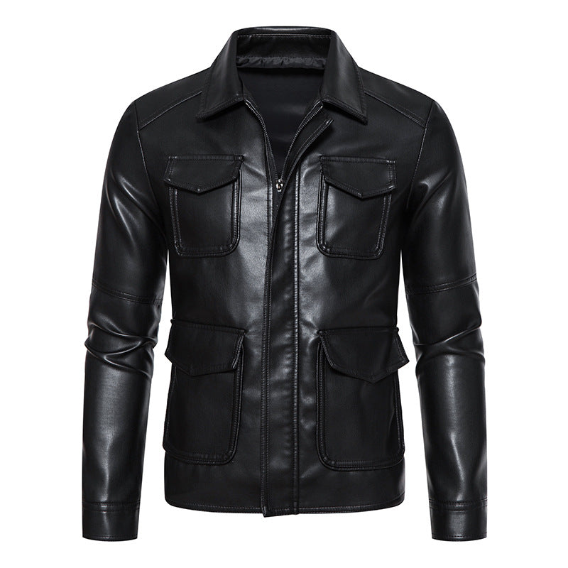 Herren Field-Jacke in glatter Lederoptik mit Pattentaschen und schlanker Passform Drune
