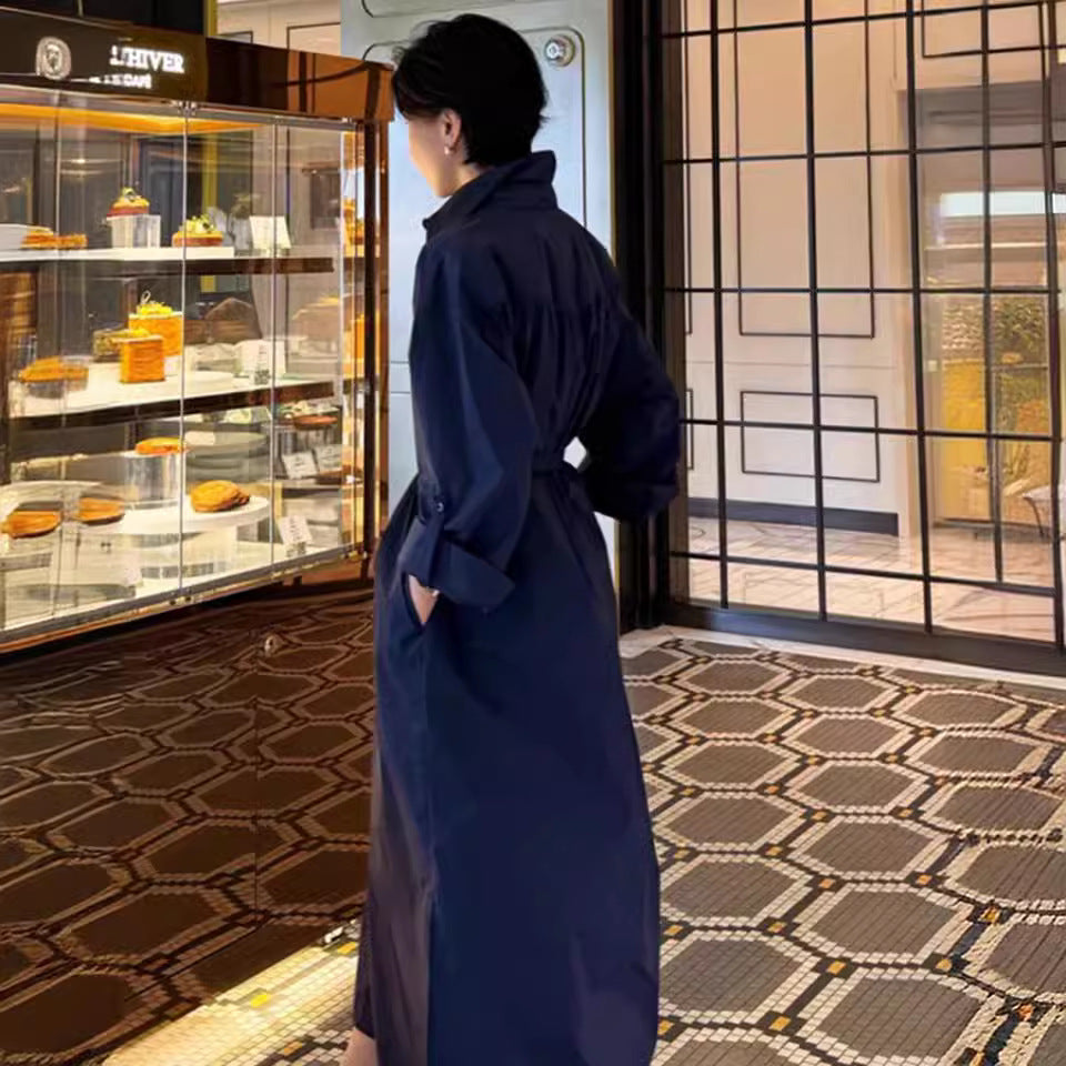 Damen Langes Boxy-Hemdblusenkleid mit hohem Stehkragen und verdeckter Knopfleiste Drune