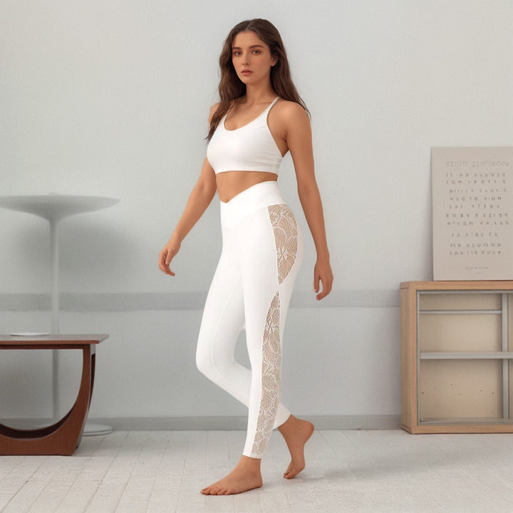 Damen Leggings mit transparenter Spitzeinsatz und hohem Taillenbund Drune