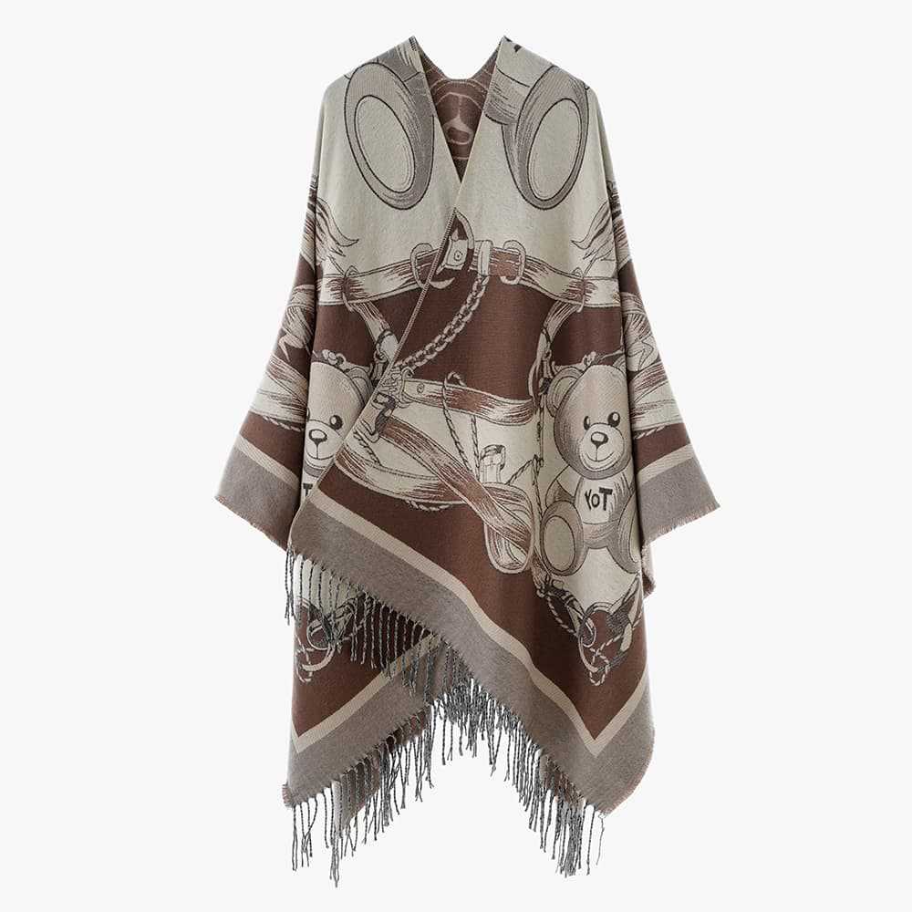 Damen Jacquard-Capeponcho mit Teddy‑Motiv, Oversize‑Silhouette und Fransensaum Drune