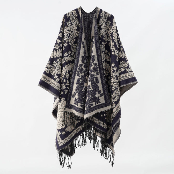 Damen Jacquard-Umhangponcho aus Wollmix mit beidseitigem Paisley-Jacquard und Fransen Drune