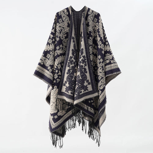 Damen Jacquard-Umhangponcho aus Wollmix mit beidseitigem Paisley-Jacquard und Fransen Drune