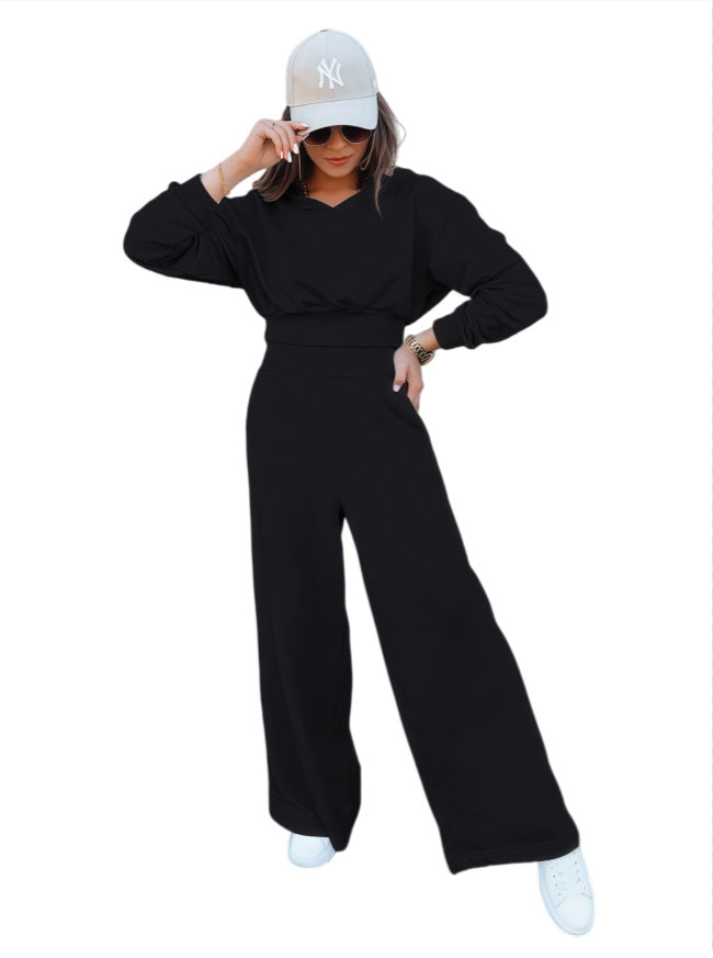 Damen Loungewear-Set mit Cropped V‑Ausschnitt-Pullover und hochtaillierter Palazzohose Drune