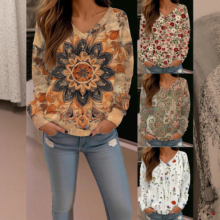 Damen Boho-Mandala V-Ausschnitt Oversize Sweatshirt mit weichem Sweatstoff Drune