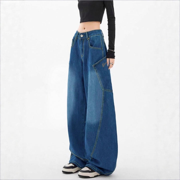 Damen Weite High-Waist Balloon-Jeans mit Utility-Taschen und kontrastierenden Nähten Drune