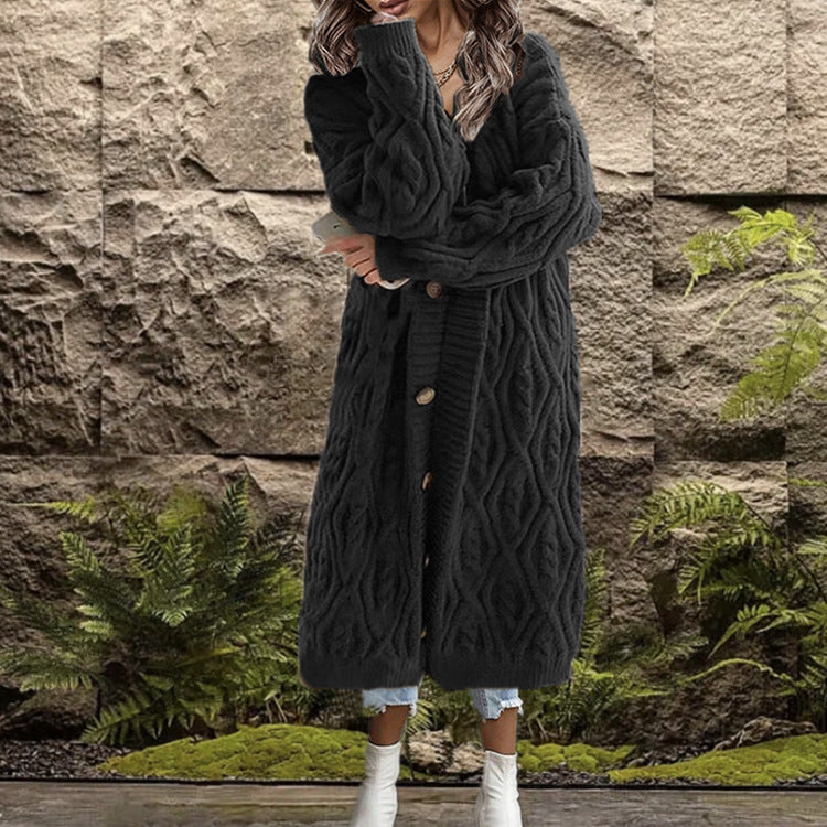 Damen Großer Strickmantel mit geometrischem Zopfdesign und praktischen Knöpfen Drune