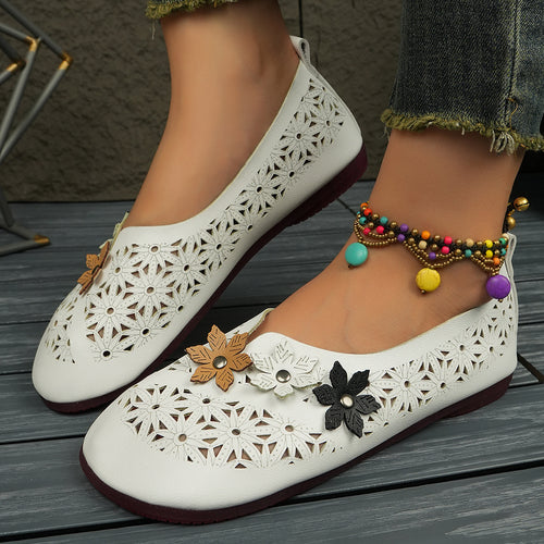 Damen nan flache Ballerina-Pantoffel mit Laserperforation und dreidimensionaler Blumenapplikation Drune