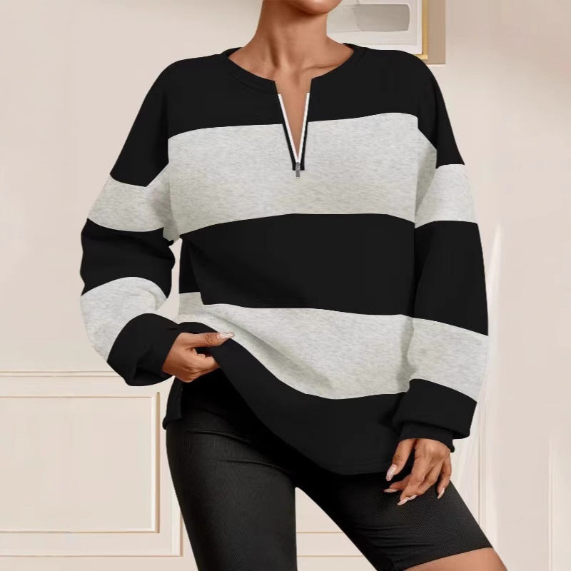 Damen modischer Sweatpullover mit Reißverschluss und gestreiftem Design Drune
