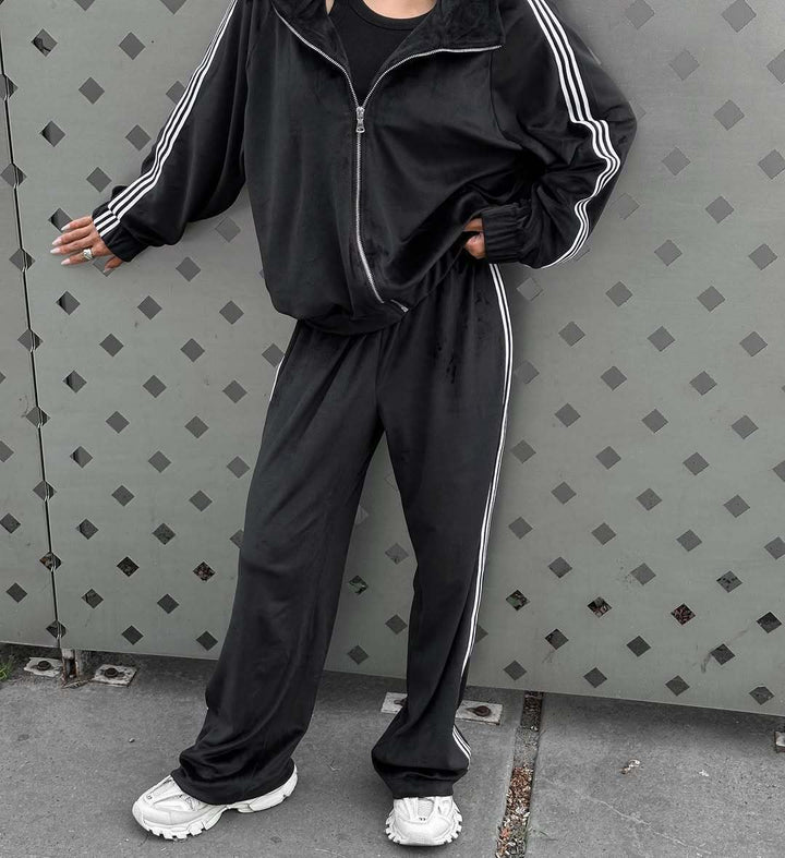 Damen sportlicher Velours-Sportanzug mit hohem Kragen und elegantem Reißverschluss Drune