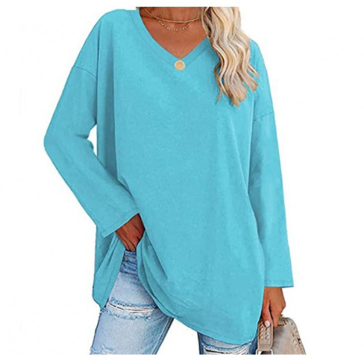 Damen Lässiges V-Ausschnitt Sweatshirt mit langen Ärmeln und asymmetrischem Saum Drune
