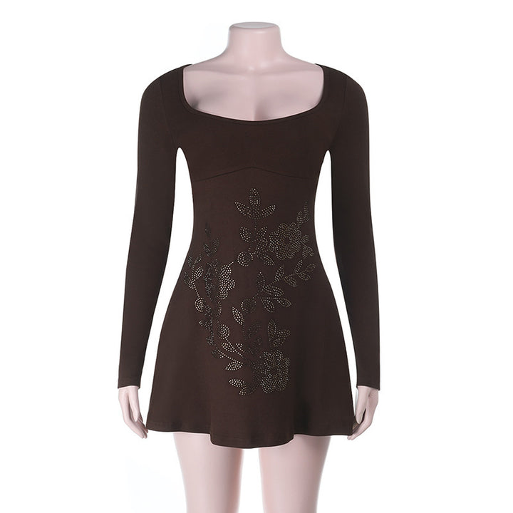 Damen figurbetontes Langarmkleid mit floralem Strassdesign Drune