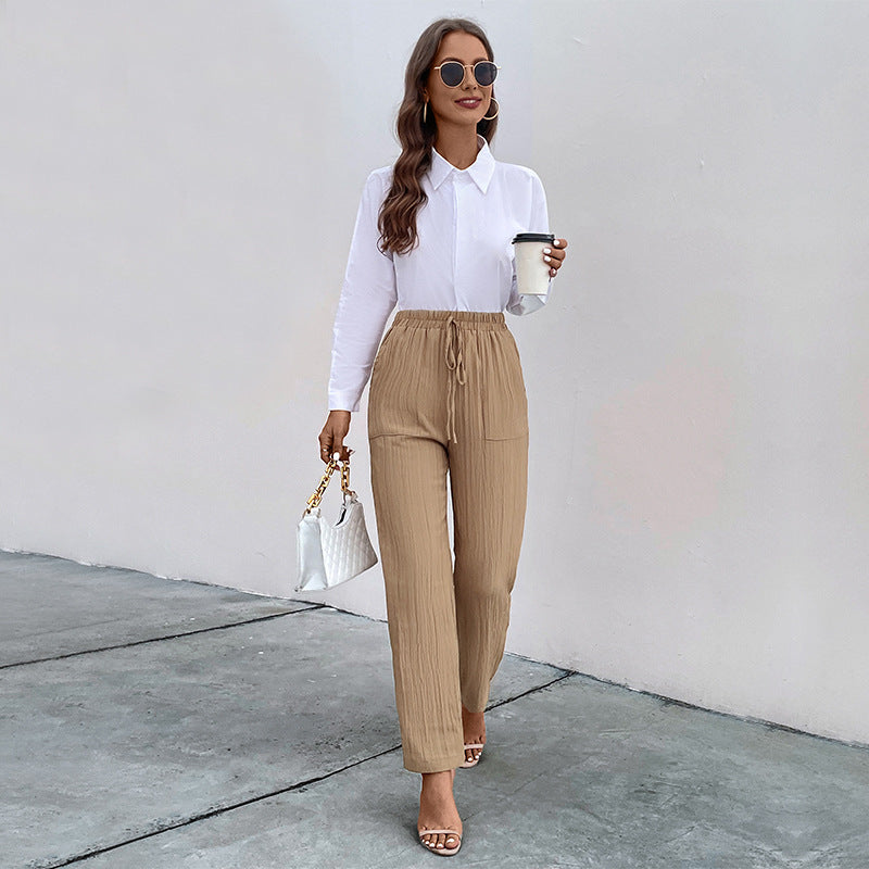 Damen Leichte Crinkle-Hose mit hohem Elastikbund, Tunnelzug und aufgesetzten Taschen Drune
