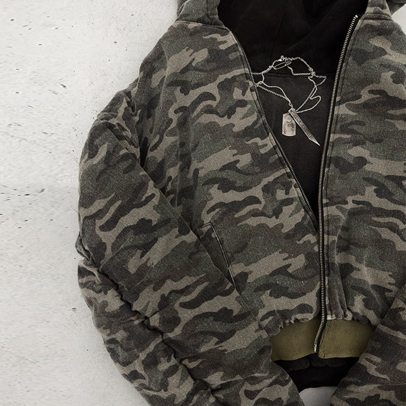 Herren nan kurz geschnittene Camouflage Kapuzenjacke im Bomberstil mit Teddyfutter und Zweiwege-Reißverschluss Drune