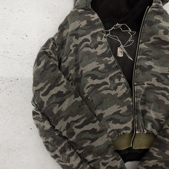 Herren nan kurz geschnittene Camouflage Kapuzenjacke im Bomberstil mit Teddyfutter und Zweiwege-Reißverschluss Drune
