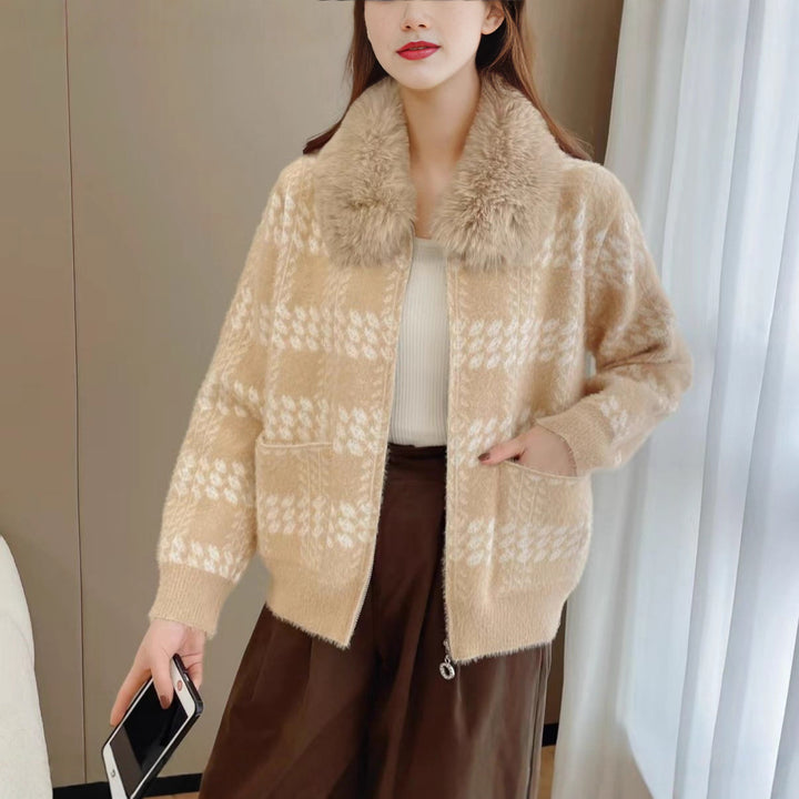 Damen Designer Strickjacke mit luxuriösem Kunstfellkragen Drune