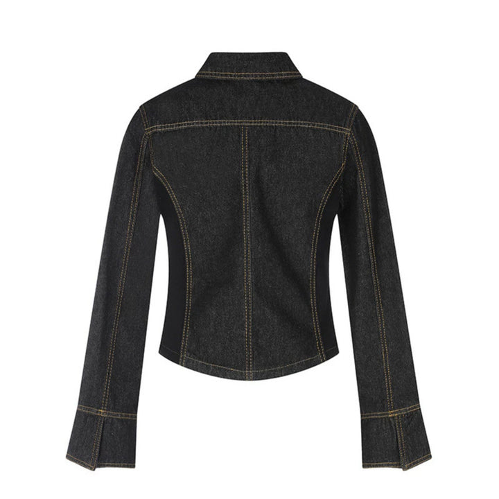 Damen taillierte Cropped-Jeansjacke mit Formnähten, Brustpatten und Schmuckknöpfen Drune