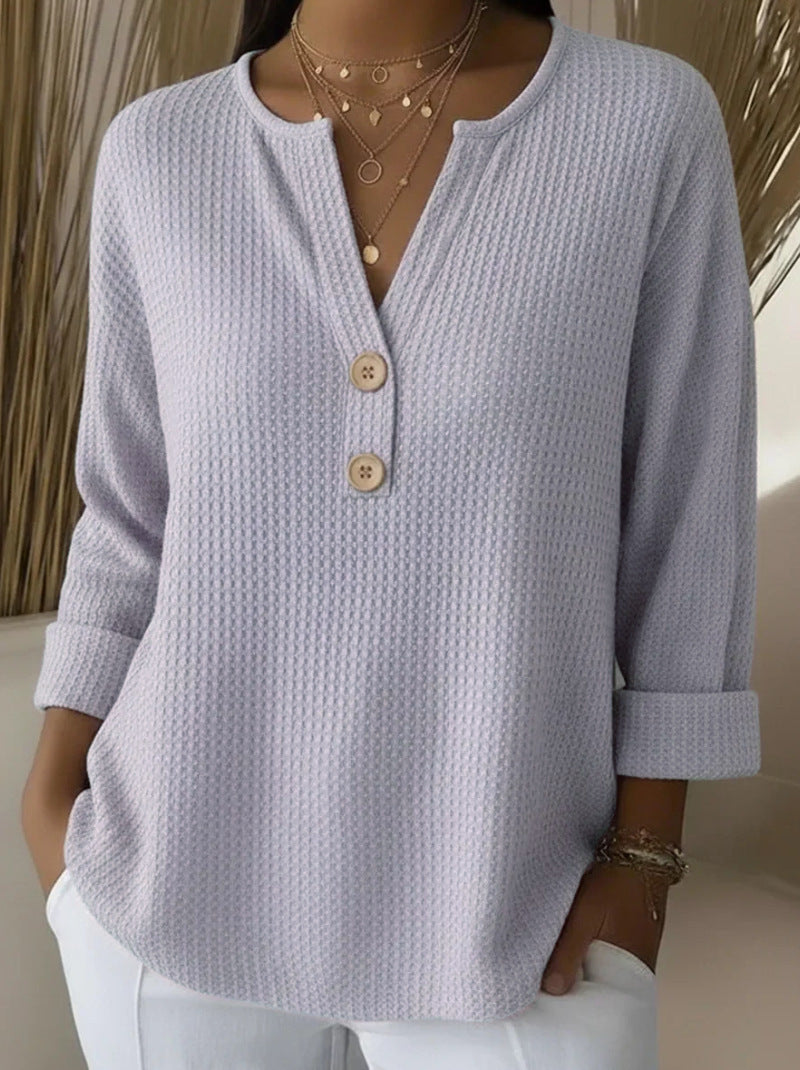 Damen nan Waffelstruktur Henley-Shirt mit V-Ausschnitt kurze Knopfleiste und krempelbaren 3/4-Ärmeln Drune