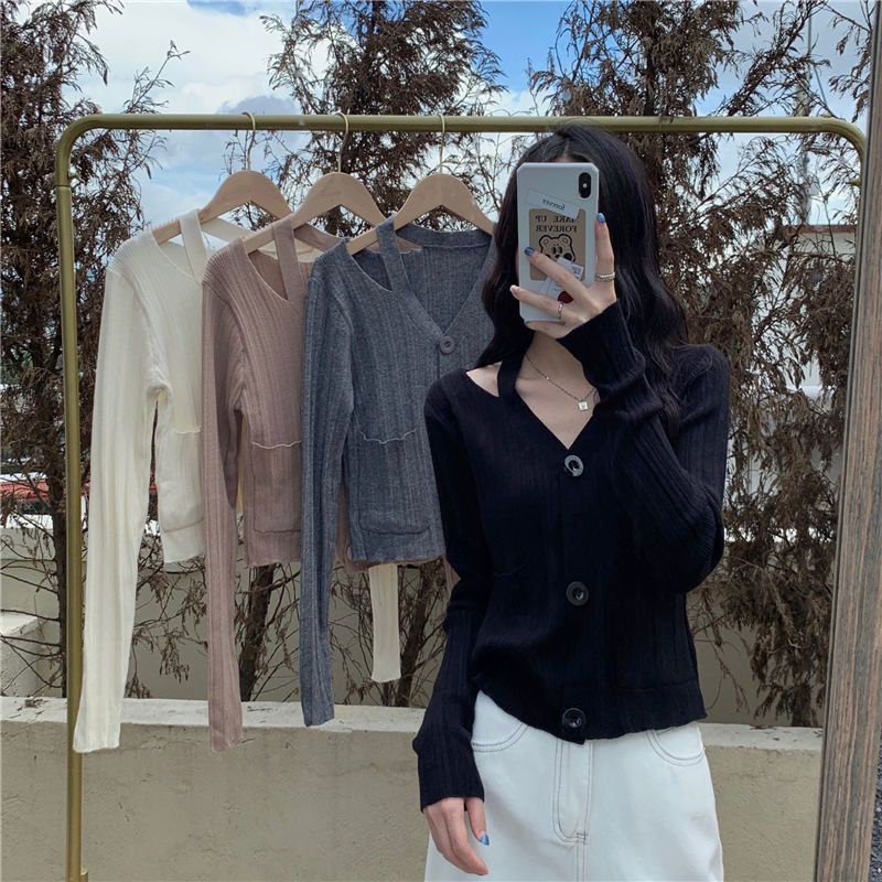 Damen Stilvolle Strickjacke mit V-Ausschnitt und Taschen Drune