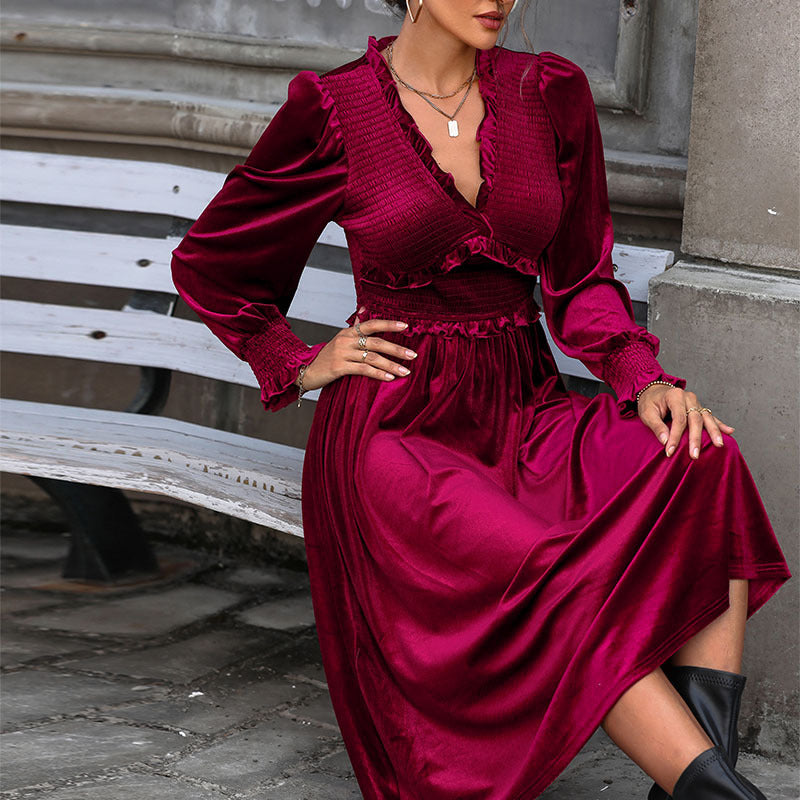 Damen Midikleid mit Rüschendetails und V-Ausschnitt Drune
