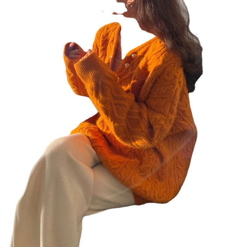 Damen Grobstrickpullover mit Knopfdetails und Zopfmuster Drune
