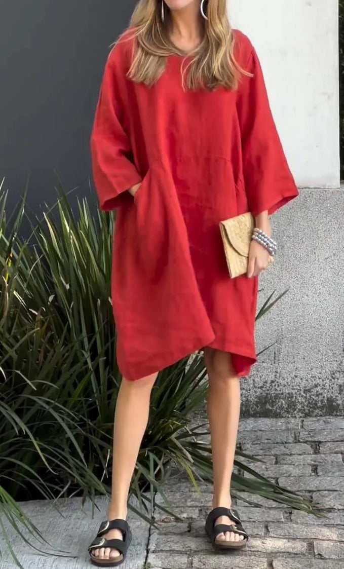 Damen lässiges Leinenkleid mit praktischen Taschen und asymmetrischem Saum Drune