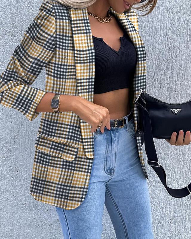 Damen Kariierter Longblazer mit legerer Passform, aufgesetzten Taschen und Dreiviertelärmeln Drune