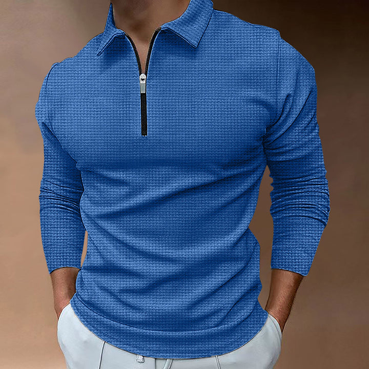 Herren Feines Waffelstrick-Halbzip-Polo mit Kentkragen & Langarm Drune