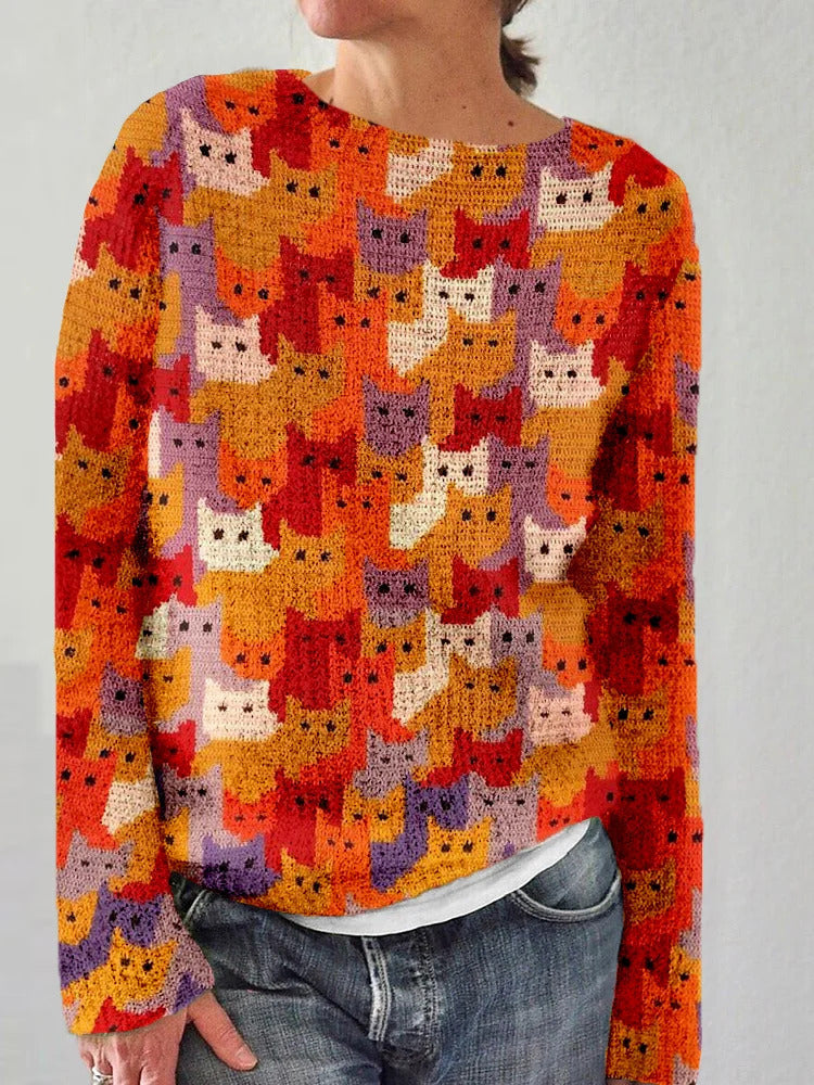 Damen Strickpullover mit verspieltem Katzenmuster Drune