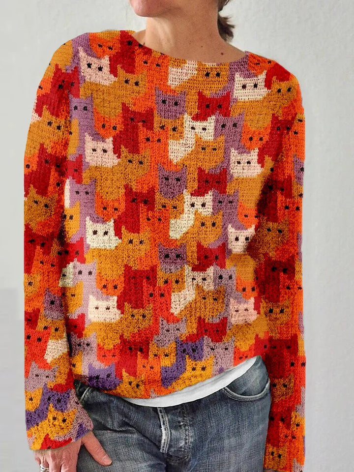 Damen Strickpullover mit verspieltem Katzenmuster Drune
