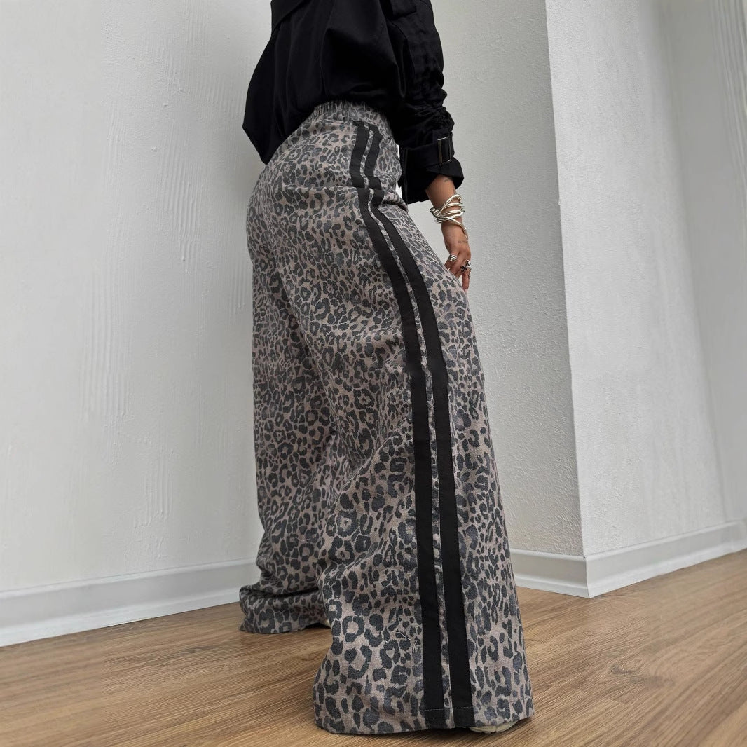 Damen weite Leoparden-Trackpants mit elastischem Bund und seitlichen Kontraststreifen Drune