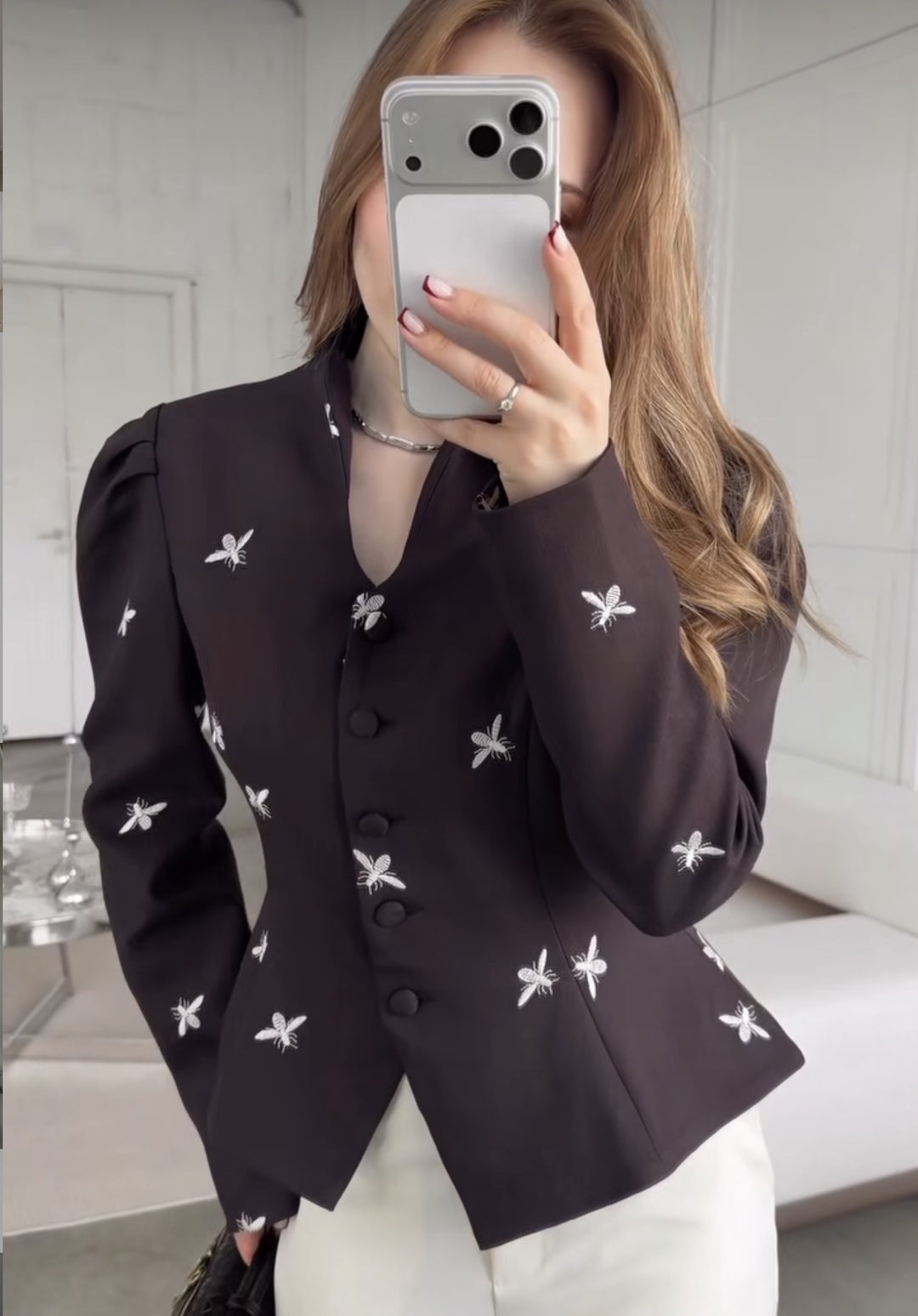 Damen Taillierter Peplum‑Blazer mit geschwungenem Stehkragen und Puffschulter‑Details Drune