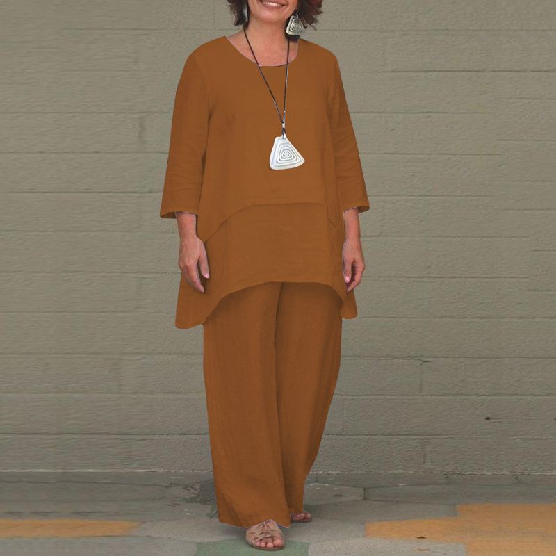 Damen Lässiges Zweiteiliges Leinen-Set mit Oversize-Tunika und weiter Palazzo-Hose Drune