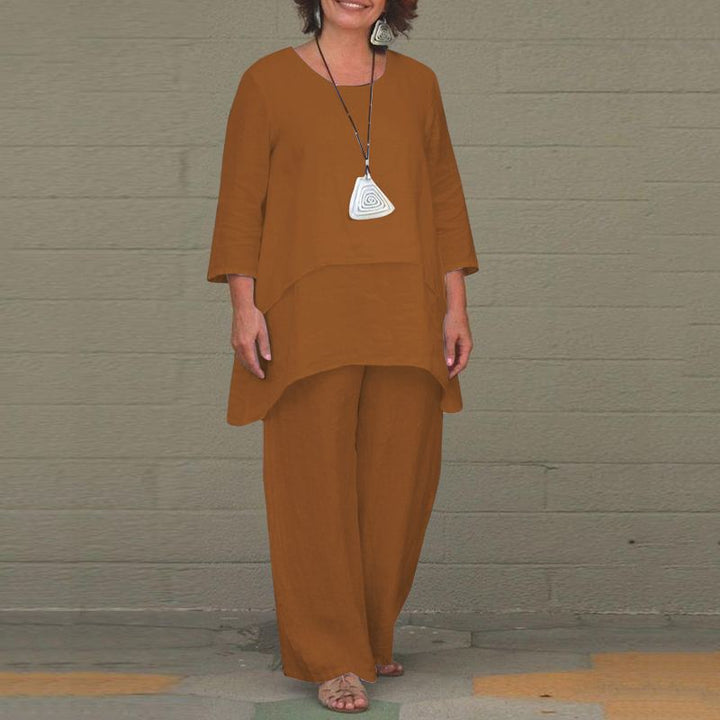 Damen Lässiges Zweiteiliges Leinen-Set mit Oversize-Tunika und weiter Palazzo-Hose Drune