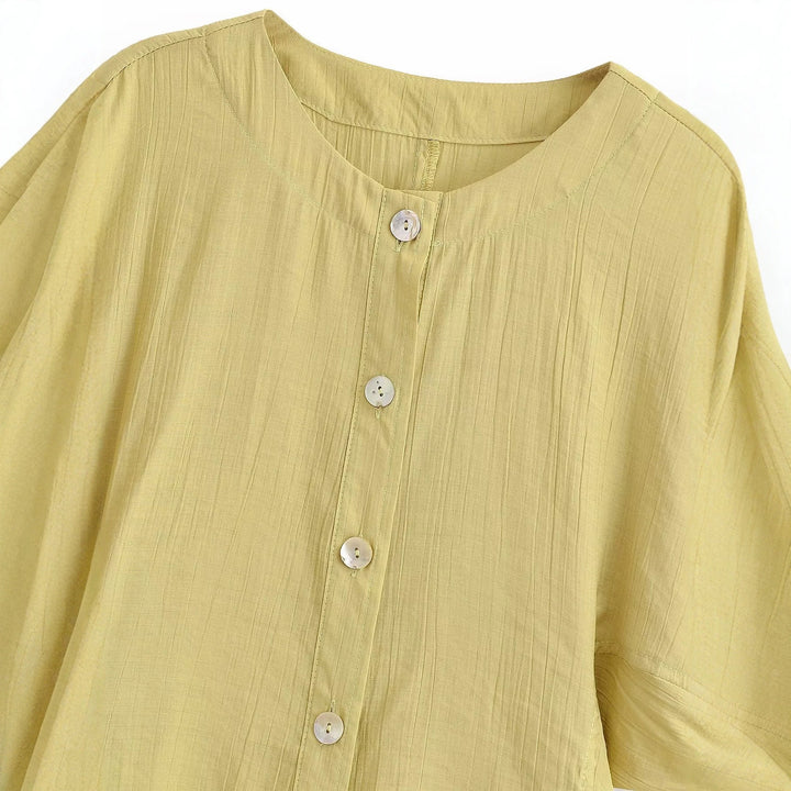 Damen Leichtes Crinkle-Blusen-Shirt mit Knopfleiste und gerafften Ballonärmeln Drune